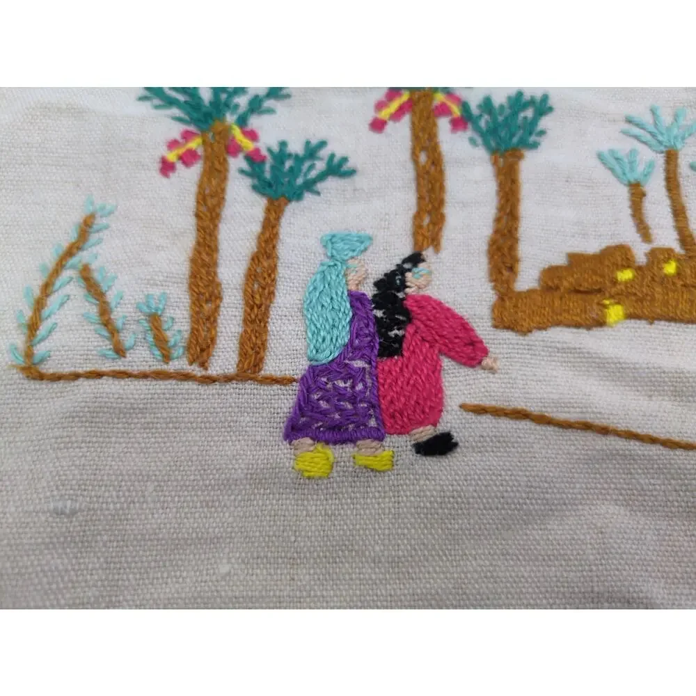 Vintage Hand-Embroidered Cultural Village Motif Desert Oasis Linen Placemat